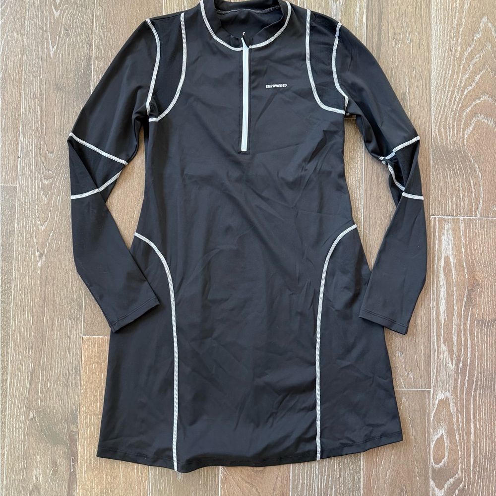 Black Long-Sleeve Golf Dress with White Accents